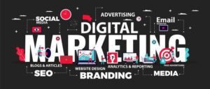 Digital Marketing workspace illustration showing SEO, social media, content marketing, email marketing, and analytics tools for digital marketing careers in 2026-2027.